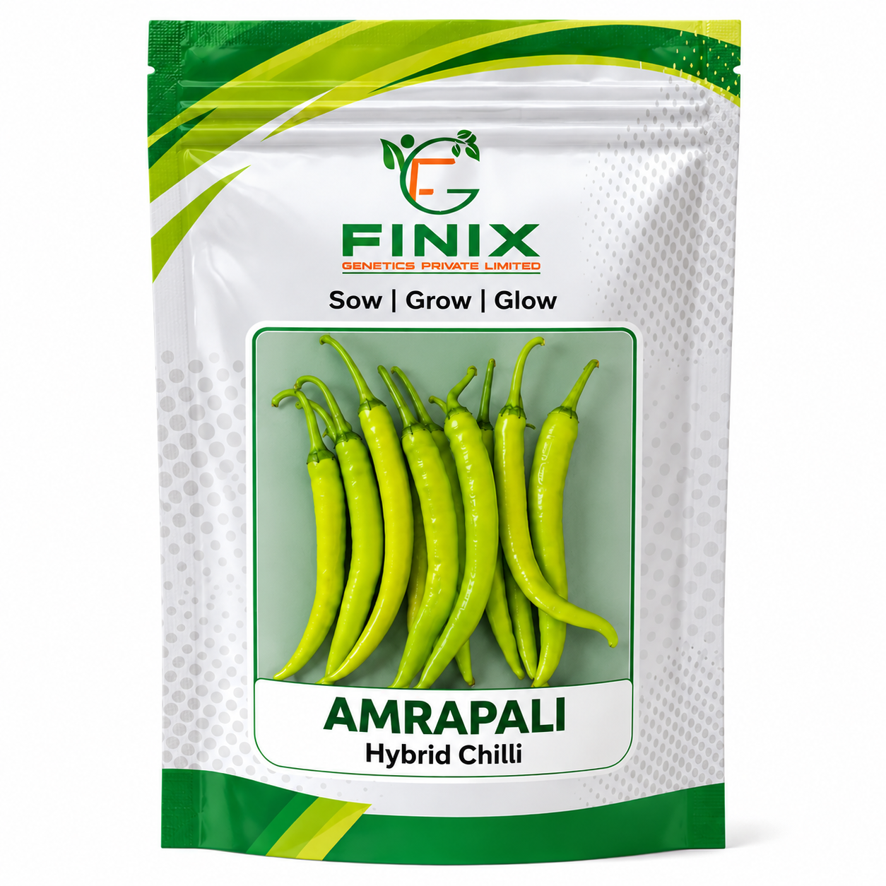 Amrapali F1 Hybrid Chilli Seeds packet by Finix Genetics