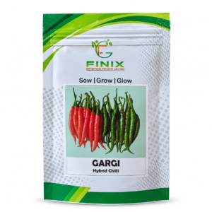 Finix Genetics Gargi F1 Hybrid Chilli Seeds pouch featuring long, slender green and red chilli fruits