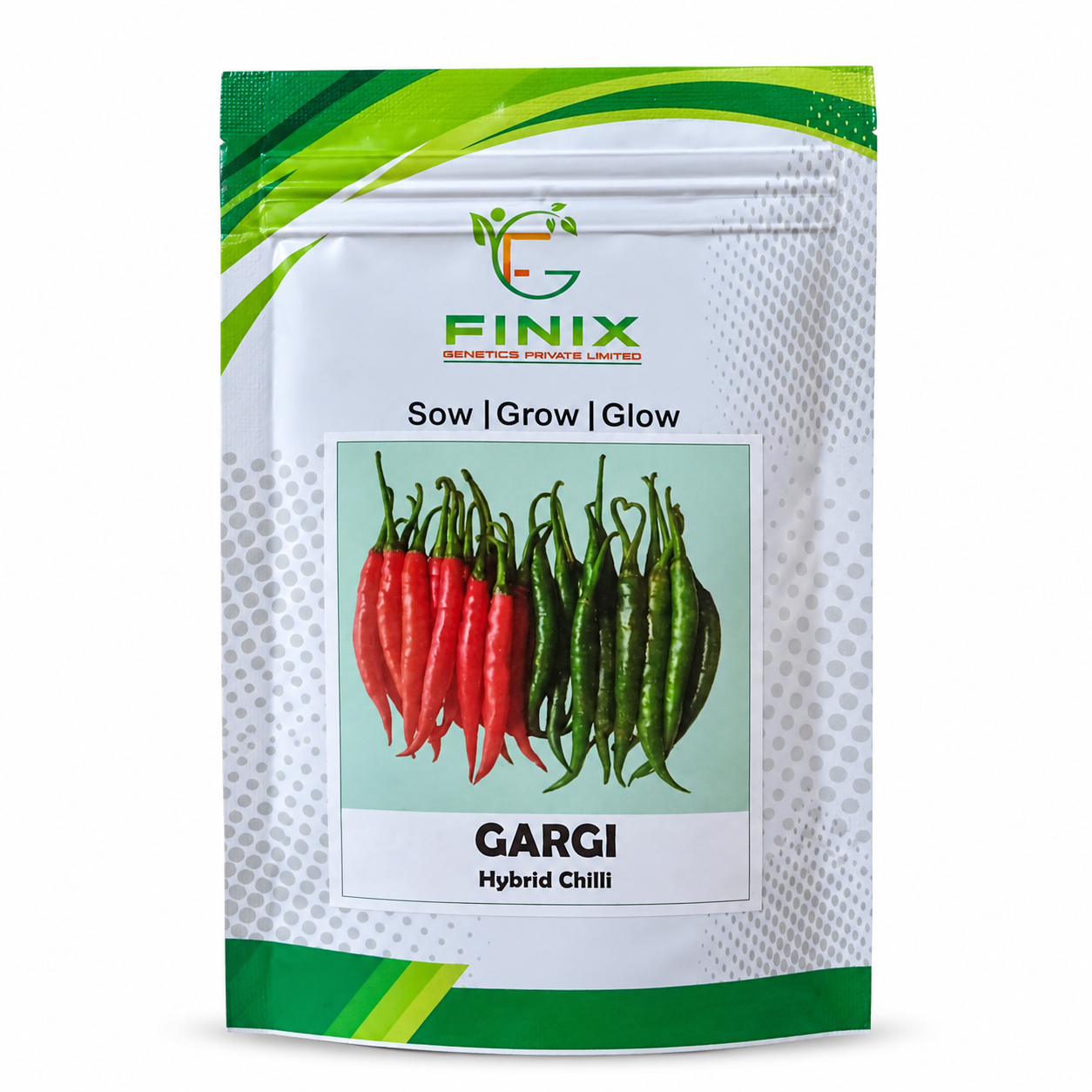 Finix Genetics Gargi F1 Hybrid Chilli Seeds pouch featuring long, slender green and red chilli fruits