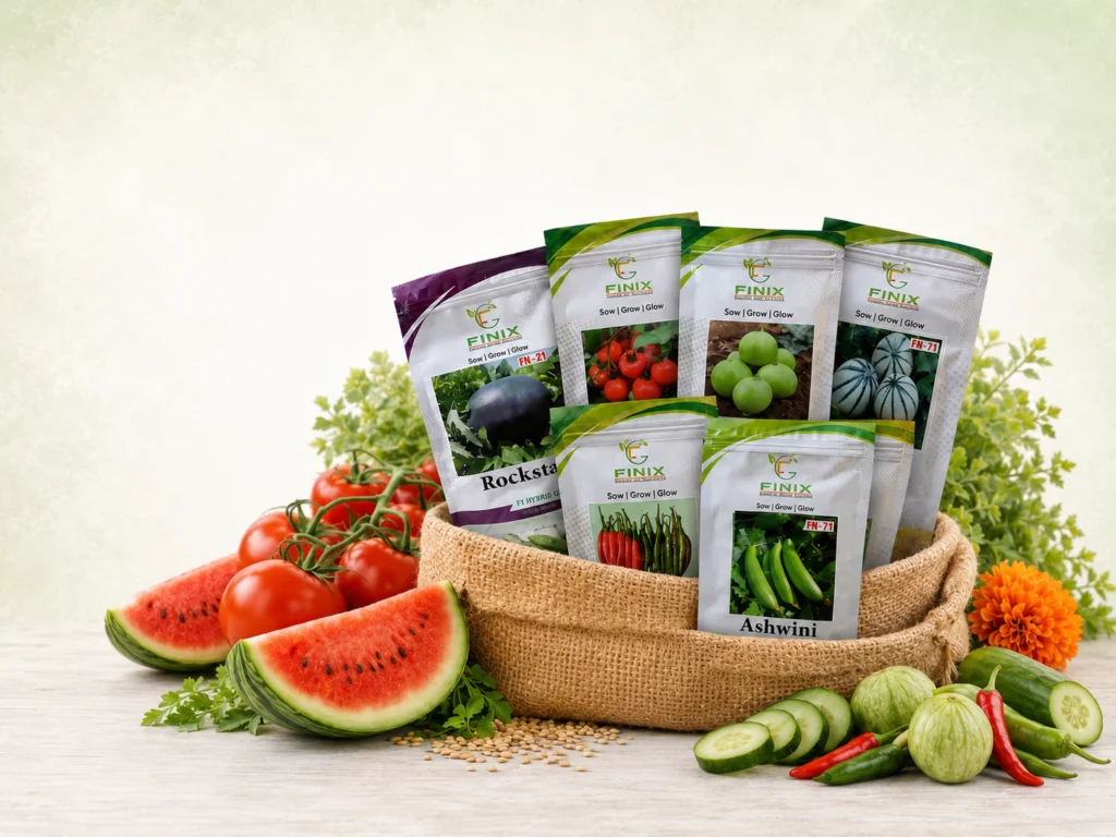 Premium F1 hybrid vegetable and fruit seeds for Indian farmers by Finix Genetics